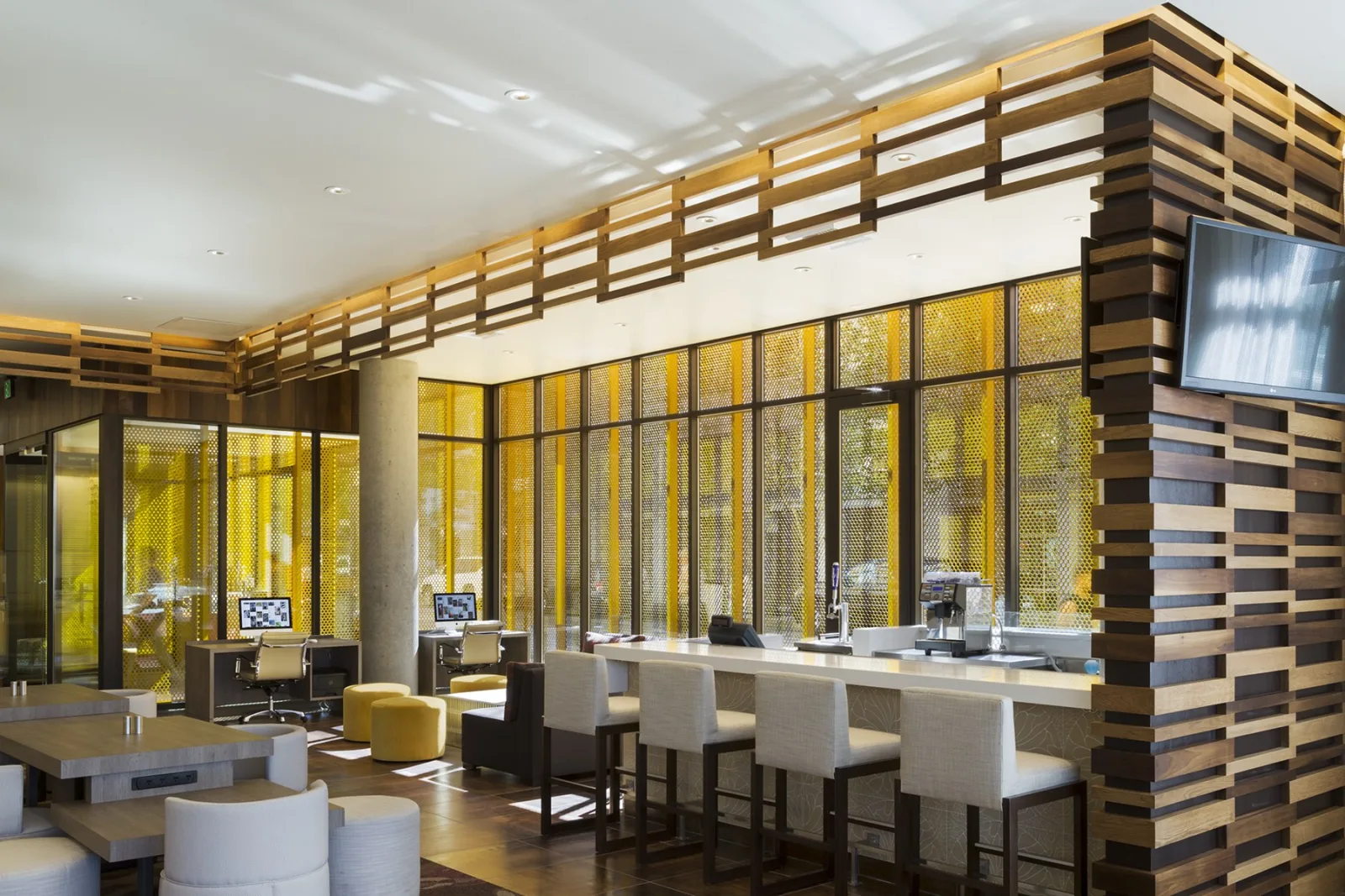Marriott Pearl Hotel bar with floor-to-ceiling windows
