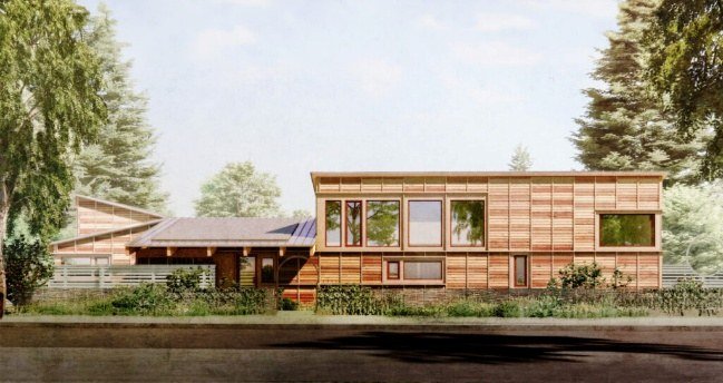 Rendering of the PRISMID Sanctuary: a low wood-clad building among trees