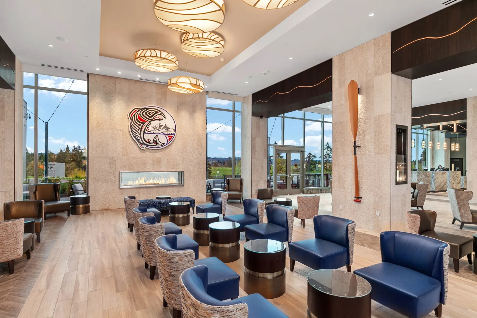 Ilani hotel lobby lounge with blue armchairs