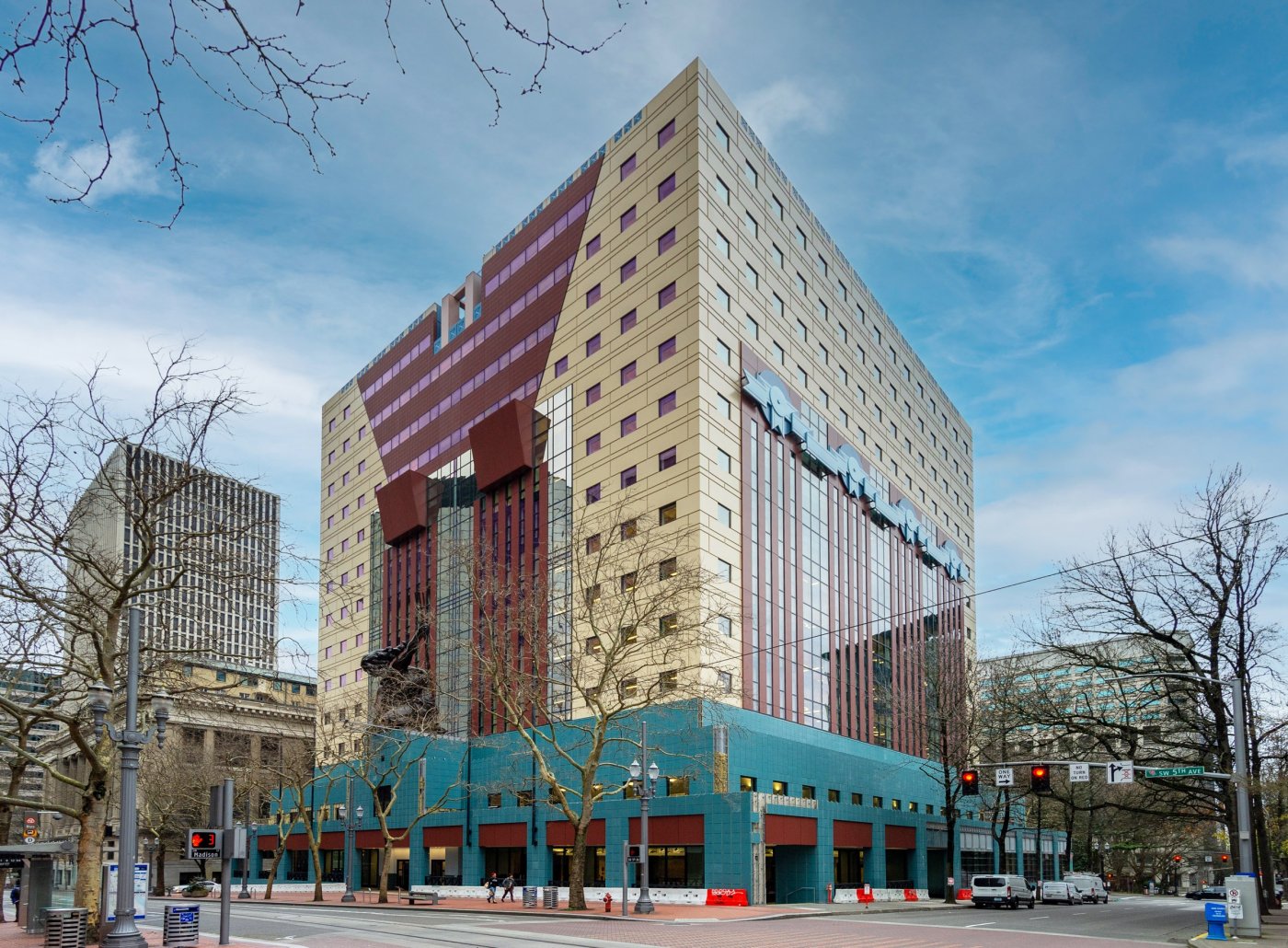 The Portland Building after its reconstruction, seen from the street corner