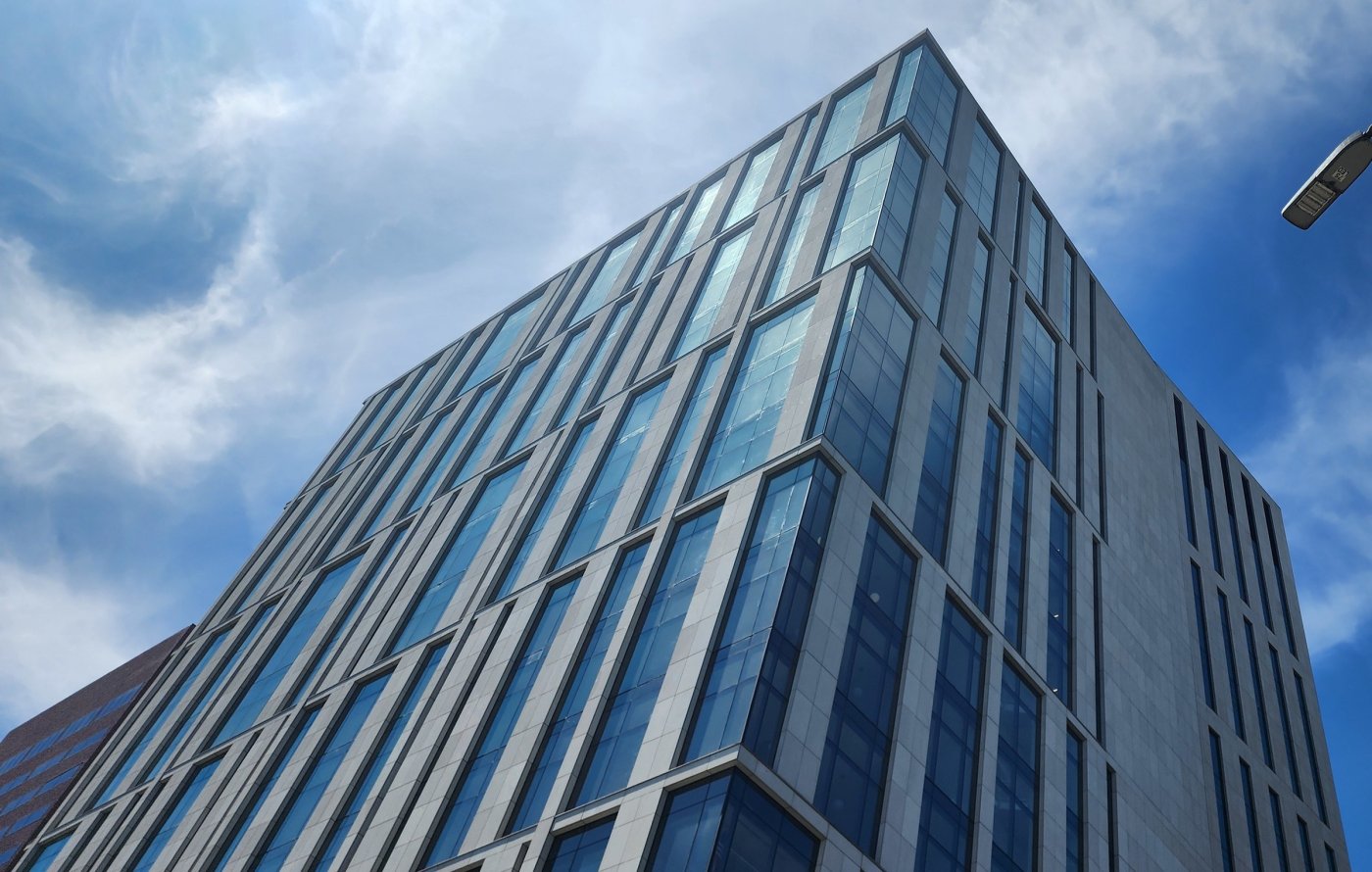 Multnomah County Central Courthouse: glass and stone facade seen from below