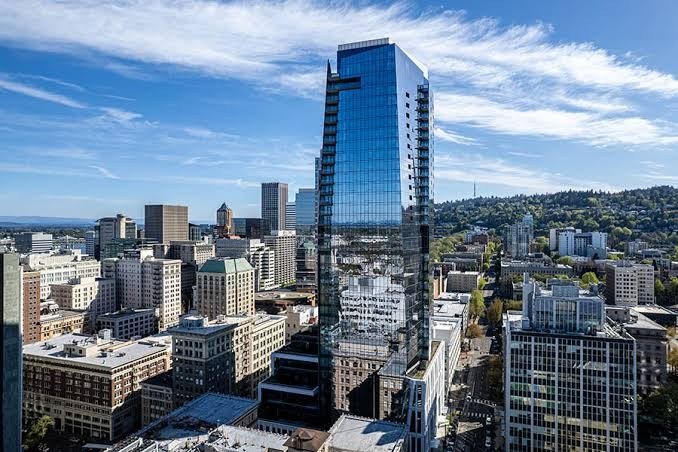 Ritz-Carlton Portland tower above the downtown skyline