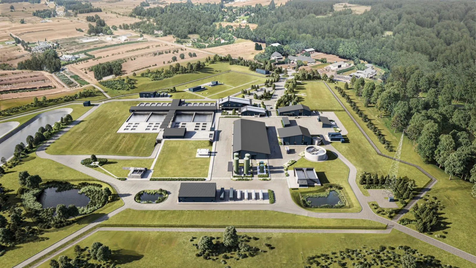 Aerial rendering of the Bull Run filtration facility among fields and forest